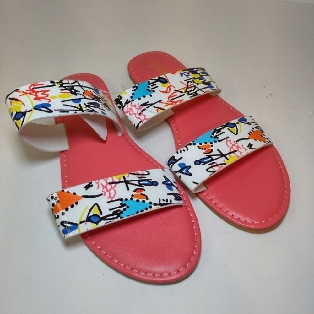 Rouge helium women's pink and white graffiti sandals size (10)